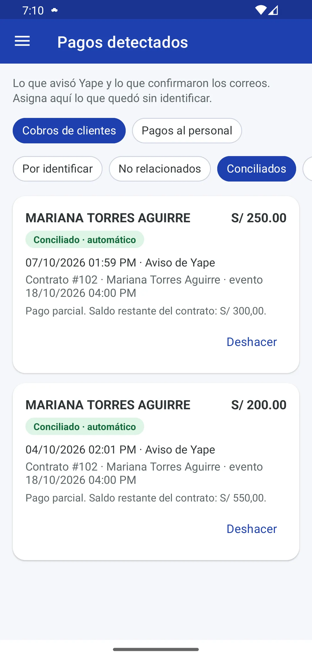 Pagos por Yape ya unidos a sus contratos