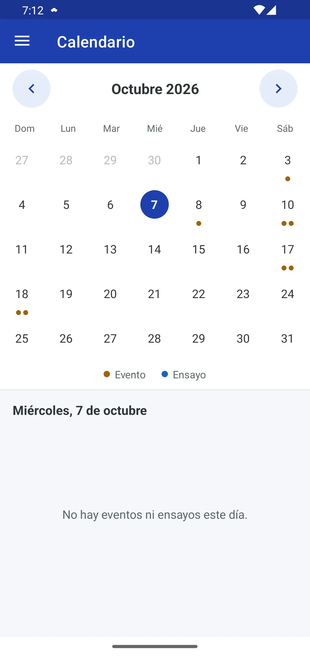 Calendario del personal en la app